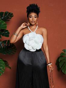 Maweii Tuta elegante con scollo alla halter, motivo floreale, dettagli in perle, ideale per eventi serali, abito da donna taglie comode