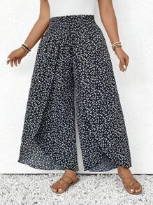 SHEIN Frenchy 大码女式休闲开衩裤，适合夏季度假 - 黑與白 - 查看 5
