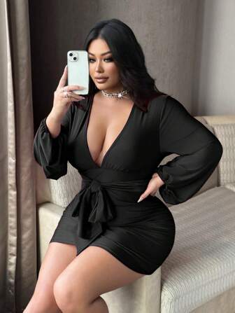 NU&NOW Plus Size Women V-Neck Ruffle Bell Sleeve Bandage Dress Fall Cloth For Women