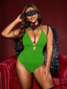 Swim SXY Plus Size One-Piece Textured Fabric Sexy Deep V-Neck Tied Swimsuit For Summer Beach Vacation - Green - View 3