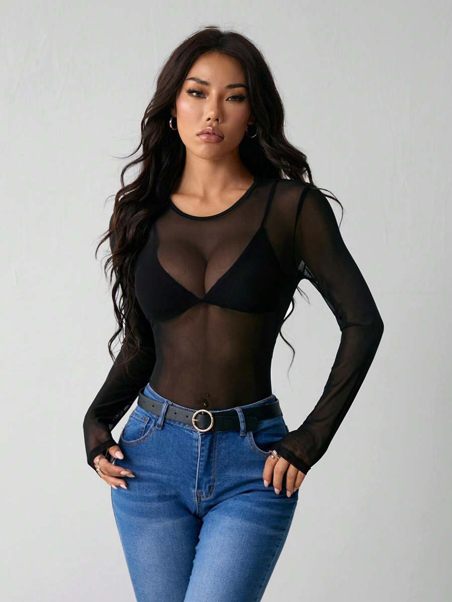 SHEIN PETITE See Through Mesh Bodysuit Without Lingerie - Black - View 1