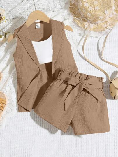SHEIN Genkimix Kids 2 件女童无袖夹克配蝴蝶结腰带和短裤休闲时尚服装，日常兄弟姐妹搭配服装（2 套单独出售）