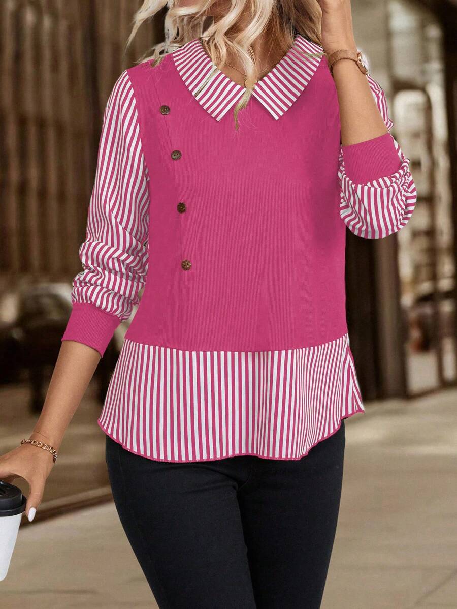 EMERY ROSE Women's Striped Collar Long Sleeve Button Mock Layered Casual Blouse Fall Cloth For Women - Hot Pink - View 1