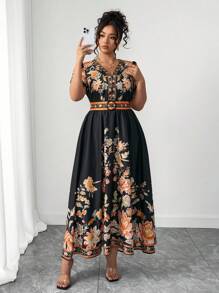 Elenzga Plus Size Women's Fashionable Versatile Thailand Maldives Vacation Boho Style Printed Cinched Waist V-Neck Cap Sleeve Dress, Spring/Summer