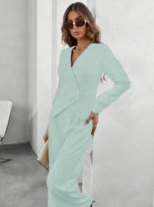 SHEIN Clasi Tailleur donna composto da top a scollo a V e maniche lunghe, di un unico colido, con pantaloni abbinati