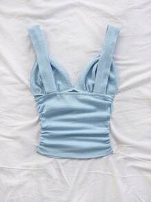 Dreamara Top tipo camiseta con tirantes anudados y drapeado, casual y romántico para vacaciones, talla grande - Celeste - Ver 2