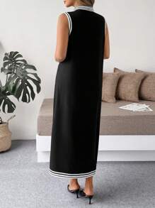 SHEIN LUNE 大码女式简约几何无袖立领长开叉休闲度假春季连衣裙 - 彩色 - 查看 2