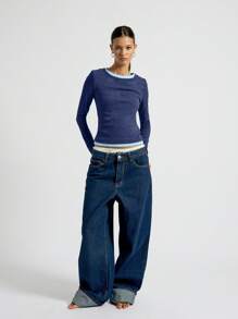 AiiRZ Ribbed Long Sleeve Casual Top With Baby Blue Trim Winter Basic Layer Double Neck Detail Fitted Workout Athletic Running Yoga Fall Essentials