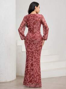 Veilorie 女士植物印花圆领灯笼袖修身优雅长裙 - 彩色 - 查看 6