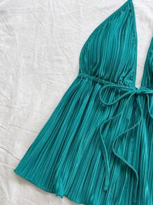 Soleia 女士度假孔雀蓝褶皱纹理露背挂脖系带荷叶边细节吊带背心 - 藍色 - 查看 3