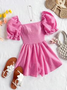 Soleia Blue & White Plaid Ruched Puff Sleeve Casual Vacation Collared Romper For Women, Summer - Pink - View 1