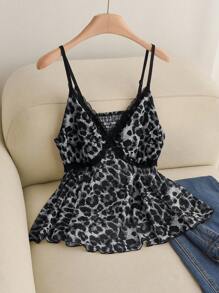 Elaquor Plus Size Fashionable Leopard Print Lace Trim Cami Top - Grey - View 1