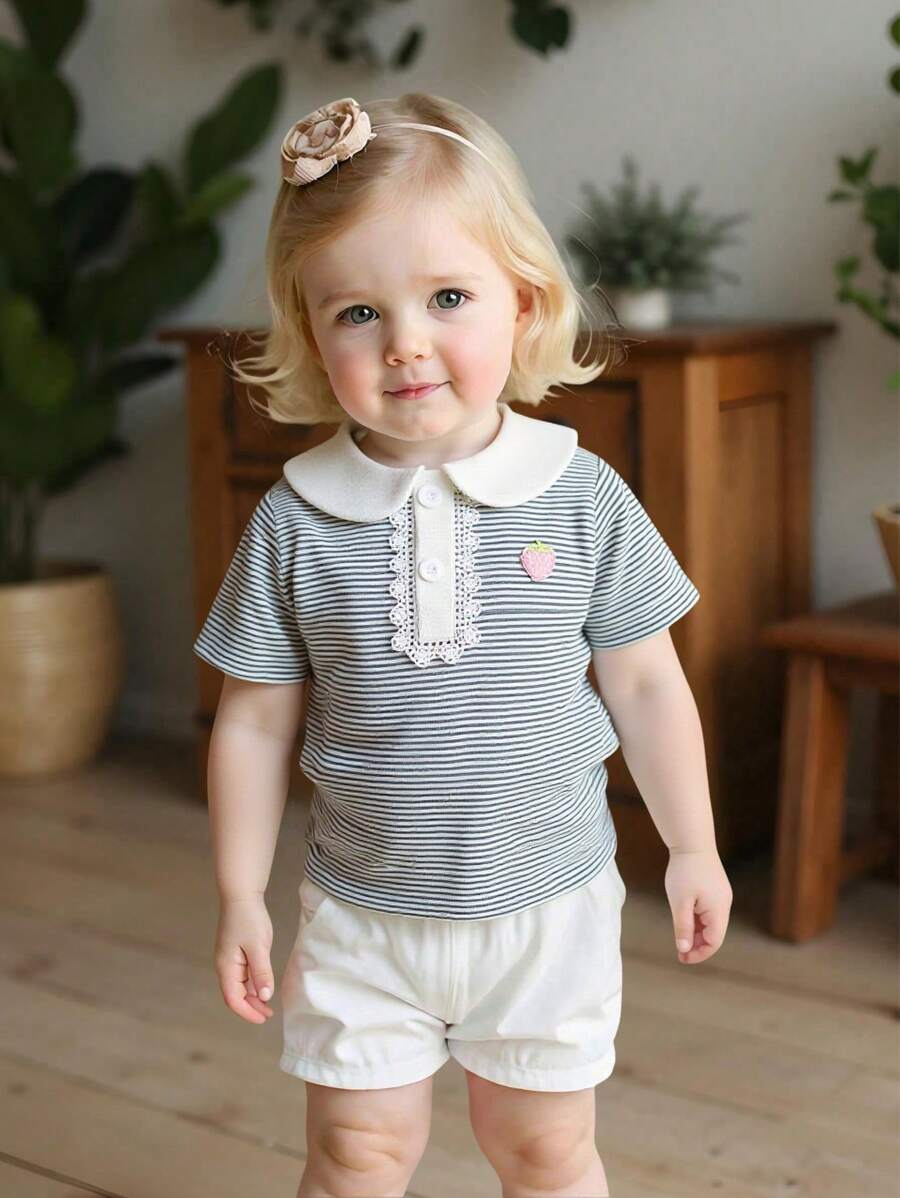 SHEIN Kleinkind Mädchen rosa Mode Peter Pan Kragen Kurzarm bestickte Bluse mit Strohhut, geeignet für Lässig Zuhause, Familientreffen