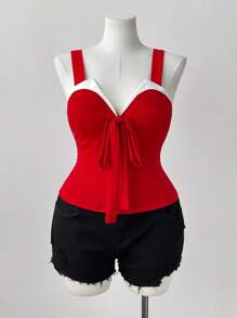 Flirla Top de mujer de talla grande con nudo delantero en color contrastante - Rojo - Ver 3