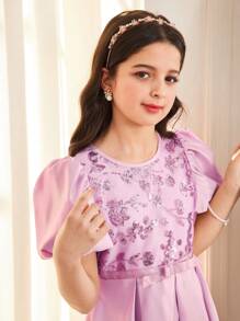 SHEIN Tween-Mädchen Elegantes Kleid mit Pailletten, Puffärmeln, tiefem Schritt und Rüschensaum