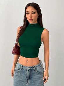 SHEIN PETITE Women Solid Color Pleated Collar Cropped Fitted Casual Tank Top - Green - View 3