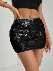 SHEIN PETITE Women's Black Sequin Mini Skirt: Sparkling Party Skirt For A Night Out - Black - View 7