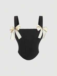 SHEIN MOD Women's Black Knitted Crop Camisole With Delicate Satin Bow Shoulder Straps And Asymmetrical Hem - Black - View 1