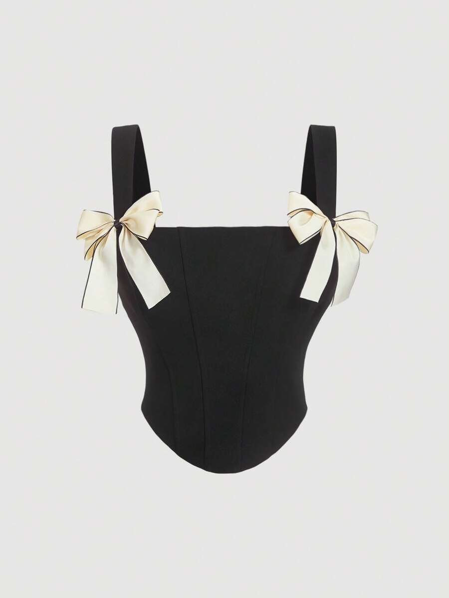 SHEIN MOD Women's Black Knitted Crop Camisole With Delicate Satin Bow Shoulder Straps And Asymmetrical Hem - Black - View 1