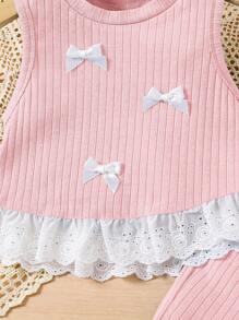 SHEIN Young Girls Knit Solid Color Crew Neck Fitted Camisole And Fitted Pants 2 Pieces Set - Pink - View 3