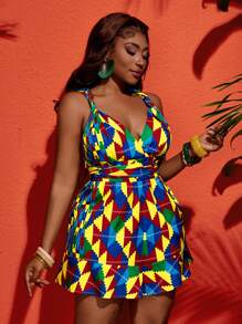 Slaydiva Macaquinho Plus Size Feminino de Verão com Amarra no Pescoço, Nó na Cintura, Estampa Xadrez Colorida - B - Multicolorido - Visão 8