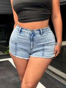 SHEIN ICON 夏季时尚休闲百搭洗水紧身牛仔短裤 - 淺色水洗藍 - 查看 6