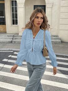 Serisse Women's Solid Color Knotted Casual Long Sleeve Shirt, Suitable For Summer Winter Blue