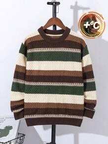 SHEIN Leap Crew Áo len dệt kim sọc dài tay cổ tròn Tween Boys - Cà phê nâu - Xem 5