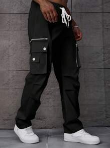 Manfinity LEGND Men Plus Size Zipper Design Straight Loose Casual Cargo Pants, Fall - Black - View 4