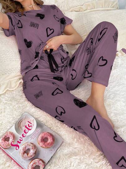 Women Heart Print Round Neck Short Sleeve Shirt Drawstring Pants Sleepwear Pajama Set