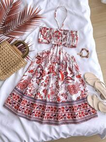SHEIN Teen Girl Red & White Vacation Positioning Print, Halter Neck Hollow Out Cinched Waist Casual Vacation Dress