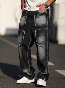 Manfinity LEGND Men's Black Denim Patchwork Jeans: Stylish Long Zippered Design With A Frayed Edge - Black - View 6