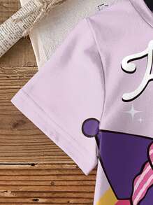 HELLO KITTY AND FRIENDS | SHEIN 年轻女孩紫色圆领短袖休闲可爱字母和卡通图案 T 恤 - 白色 - 查看 4