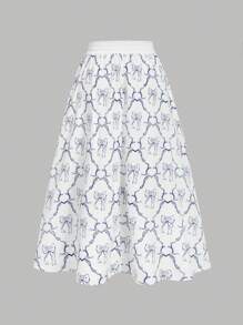 SHEIN MOD Plus Size Retro Geometric Bowknot Print Sling Maxi Two Pieces Set, Casual Vacation Outfit - Blue and White - View 7