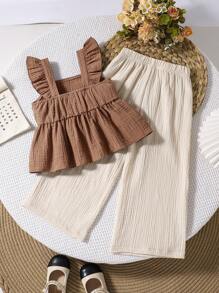 SHEIN Genkimix Kids 2pcs/Set Young Girl Solid Color Camisole Top And Pants - Multicolor - View 2