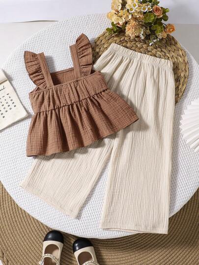 SHEIN Genkimix Kids 2pcs/Set Young Girl Solid Color Camisole Top And Pants