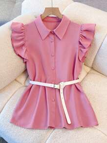 Franclia Women's Sweet Ruffle Trim Sleeveless Button Down Shirt, Spring/Summer - Pink - View 3