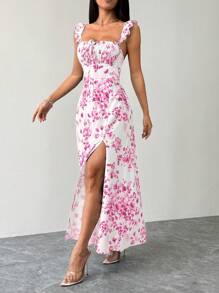 PETITE Vestido largo de mujer con aberturas altas laterales, tirantes con volantes, con fondo blanco y flores azules para vacaciones - Rosa - Ver 4