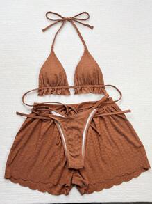 Swim SXY Women Summer Vacation Textured Halter Bikini Set And Shorts - Rust Brown - View 3