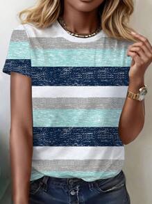 INAWLY Áo thun cổ tròn tay ngắn kẻ sọc nhiều màu dáng rộng, áo phông họa tiết mùa hè cho nữ - Nhiều màu - Xem 3