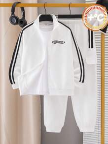 SHEIN 2pcs Set Tween Boy Casual Sports Letter Graphic Hooded Sweatshirt & Pants, Suitable For Commute, School, Daily Casual, Sports, Autumn/Winter