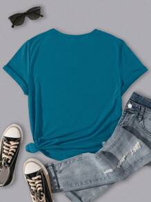 SHEIN LUNE Camiseta casual de manga corta con estampado de corazón y texto para mujer de talla grande