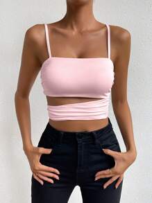 Zolique Women's Solid Color Hollow Out Design Cropped Fitted Camisole Pink - Pink - View 6