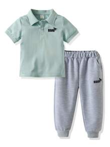 SHEIN 2pcs/Set Young Boy Casual Letter Embroidered Short Sleeve Polo Shirt & Pants Set, Summer - Mint Green - View 3