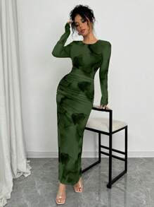 Elenzga Đầm Maxi Tay Dài Thanh Lịch Cho Nữ Ôm Dáng - Màu xanh lá cây đậm - Xem 5