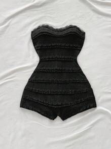 Soleia Lace Ruffle Bandeau Elastic Bodycon Romper - Black - View 7