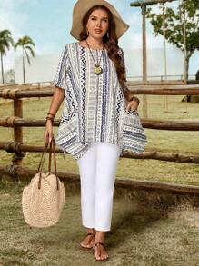 EMERY ROSE Plus Size Women's Geometric Print Pocket Casual Tunic Tops Blouse Concert,Country Concert,Boho Chic,Boho,Summer - Blue and White - View 3
