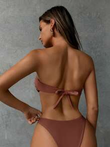 Aloruh Top de bikini bandeau sans bretelles et sans dos, de couleur unie élégante et sexy, style minimaliste vintage, décoré de fleurs métalliques kaki, pour femmes - Tabac - Voir 2