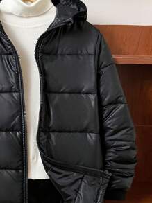 SHEIN Thick Padded Hooded Long Sleeve Tween Boys Casual Winter Coat, Quilted Coat, Warm Outerwear For Autumn/Winter - Black - View 5