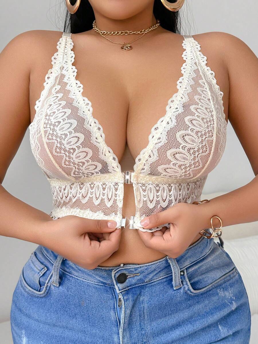 SHEIN 大码女士时尚前扣蕾丝性感内衣文胸 - 香檳色 - 查看 1